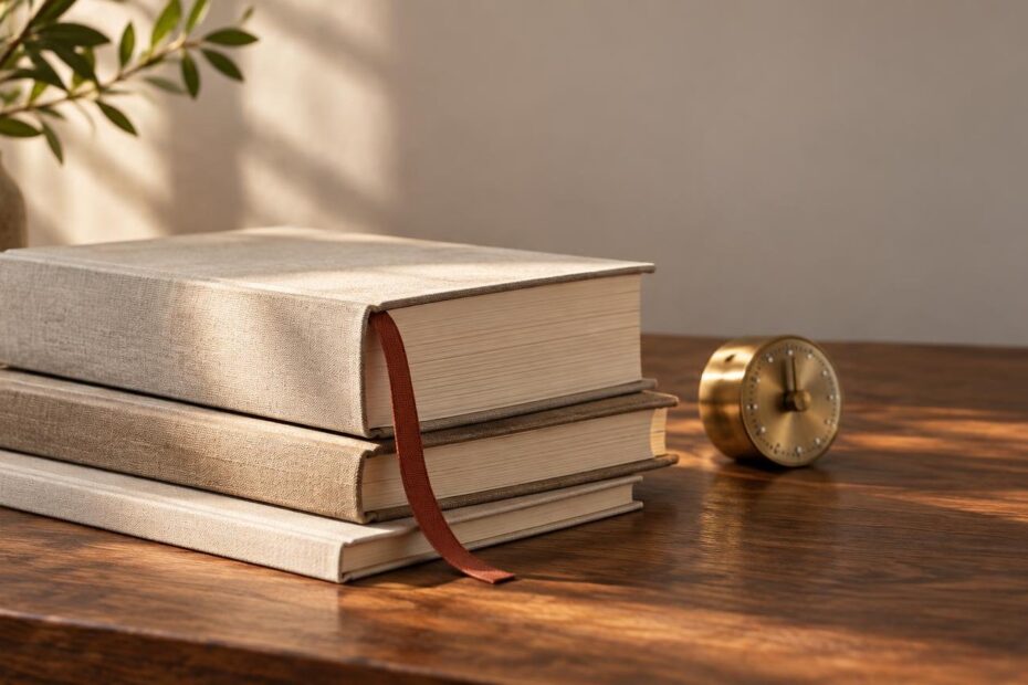 Three plain clothbound books stacked on a wooden table beside a small brass clock, with a leafy plant casting soft shadows on the wall.